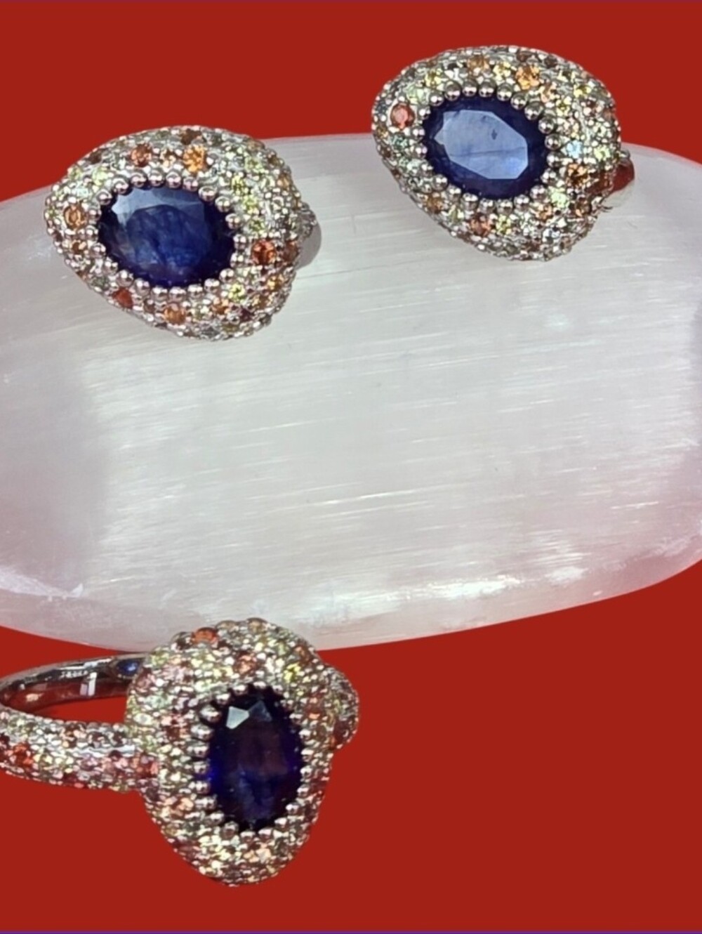 925 Sterling Silver Ring & Earrings Set with Natural Blue & Multicolor Sapphires